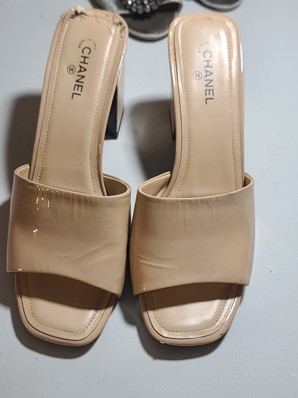 CHANEL Nude Patent Leather Slide Sandals